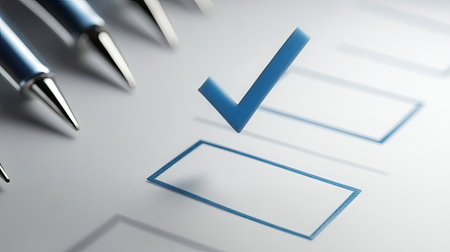 A blue checkmark is placed on an empty checkbox, surrounded by silver pens on a clean desk, symbolizing efficiency in task management and organization in a professional environment.の素材