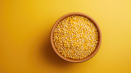 A close-up view of a bowl filled with vibrant yellow seeds sits on a smooth yellow surface, creating an inviting and cheerful atmosphere for culinary use and food styling.の素材