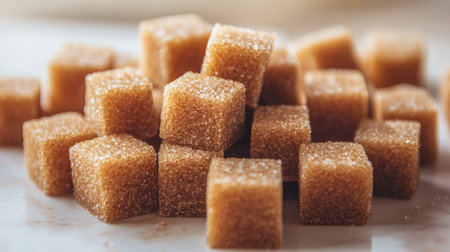 Close-up view of brown sugar cubes arranged on a wooden surface, ideal for culinary use, showcasing natural texture and sweet flavor perfect for baking and beverages.の素材