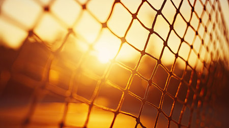 Stunning close-up of sports netting illuminated by a warm sunset. The golden light creates a peaceful atmosphere, perfect for outdoor activities during the evening.の素材