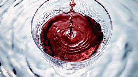 A mesmerizing close-up image captures the moment red liquid pours into a glass, creating ripples and reflections in clear water, showcasing fluid dynamics and beauty.の素材