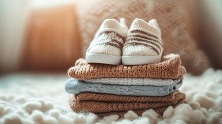 This image showcases a pair of cozy infant shoes resting on a stack of folded knit garments, perfectly embodying warmth and comfort in a beautiful home setting.の素材