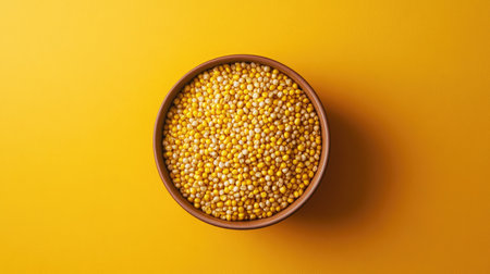 A vibrant bowl filled with bright yellow mustard seeds sits on a vivid yellow background, highlighting the rich textures and colors. Perfect for food and health themes.の素材