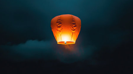 A striking orange lantern floats through a dark night sky, illuminating the clouds below with a warm glow. This enchanting image captures the essence of celebration and hope.の素材