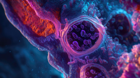 This stunning digital illustration showcases vibrant microscopic cellular structures with intricate patterns, presenting a fusion of color and organic shapes in a captivating manner.の素材