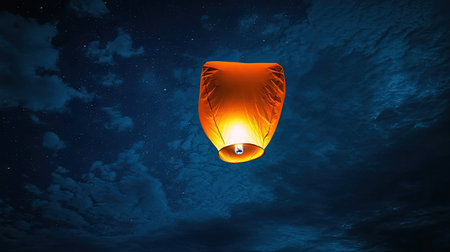A vibrant orange lantern ascends into the night sky, illuminating the serene atmosphere filled with stars and clouds, symbolizing hope and celebration.の素材