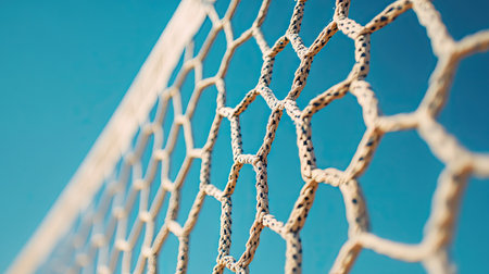 This image showcases a detailed view of a rope net with a honeycomb pattern against a bright blue sky, highlighting texture and craftsmanship ideal for various themes.の素材