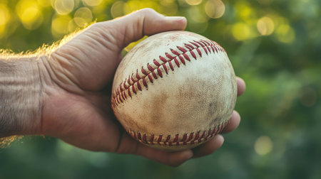 A single hand holds a weathered baseball against a blurred green backdrop, evoking nostalgia and passion for the sport. Ideal for themes of leisure and outdoor fun.の素材