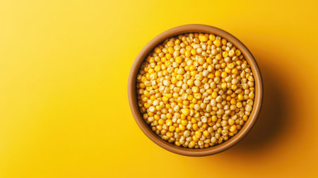 A close-up view of a bowl filled with raw corn kernels set against a bright yellow background, showcasing vibrant colors ideal for food and harvest themes.の素材