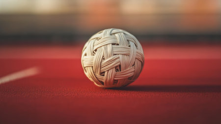 Woven Sepak Takraw ball lying on a red sports court, with a blurred background for depth.の素材