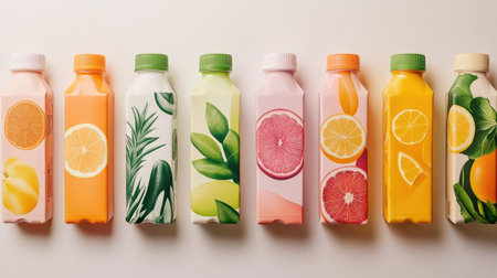 Variety of juice cartons in colorful designs, aligned in a row against a light background, showcasing diversity in packagingの素材