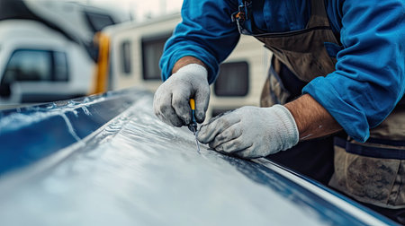 An installer sealing an RV roof edge with silicone sealant for weatherproofingの素材