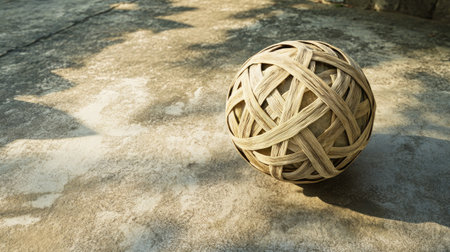 Woven Sepak Takraw ball lying on an old cement floor, showcasing texture and traditional design.の素材
