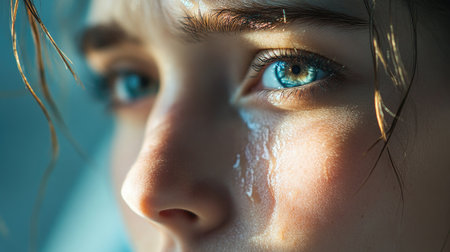 Woman's face in close-up, with tears rolling down her cheek, emotion clearly shown in her expression.の素材