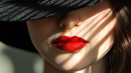 Woman with red lips and a sleek black hat, close-up on her lips and hat casting shadows on her face.の素材