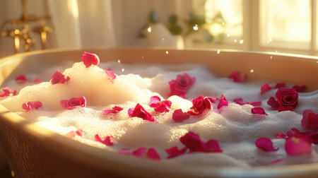 White bathtub overflowing with thick foam and vibrant rose petals, with a blurred background for a soothing effectの素材