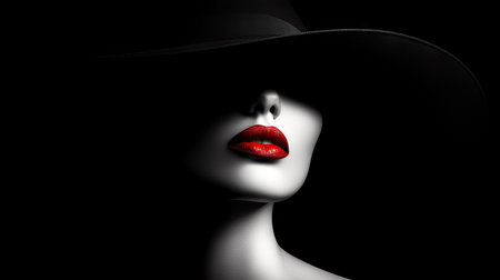 Woman in a wide-brimmed black hat and red lipstick, captured in dramatic lighting that adds intrigue.の素材