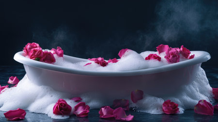 White bathtub brimming with foam and pink rose petals, set against a dark, elegant background for contrastの素材