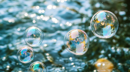 White foam bubbles floating on water, capturing a fresh and clean atmosphere with natural light illuminating the bubblesの素材