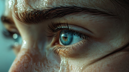 Woman's face up close with fresh tears on her cheeks, eyes filled with sadness in a moment of pain.の素材