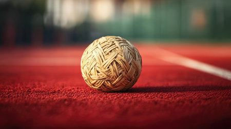 Woven Sepak Takraw ball lying on a red sports court, with a blurred background for depth.の素材