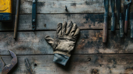 A single dirty glove hanging from a nail on a weathered wooden wall, surrounded by toolsの素材