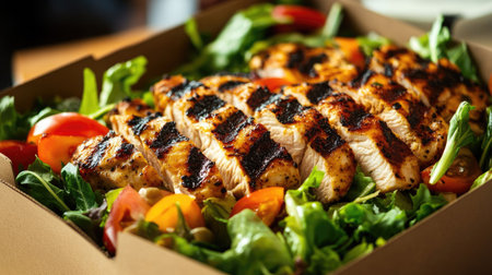 An open Styrofoam box revealing a grilled chicken salad with fresh greens and dressingの素材