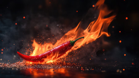 A single red hot chili pepper engulfed in bright orange flames on a dark black background, glowing vividlyの素材