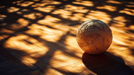 Woven Sepak Takraw ball lying on an indoor court floor with soft lighting from above.の素材