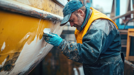 A repair specialist sealing a boat hull with waterproof siliconeの素材