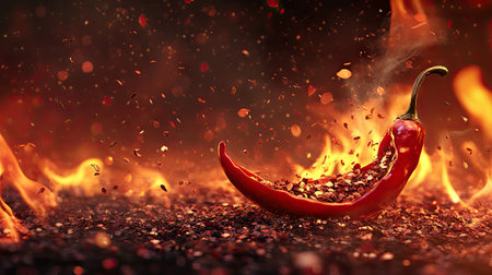 A red hot chili pepper split open, seeds spilling out, with flames rising dramatically in the backgroundの素材