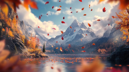 A serene mountain backdrop with falling autumn leaves creating a colorful cascadeの素材