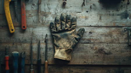A single dirty glove hanging from a nail on a weathered wooden wall, surrounded by toolsの素材