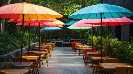 A set of vibrant umbrellas lining a summer resort's outdoor seating areaの素材