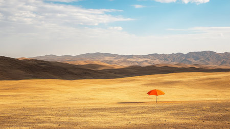 A solitary orange umbrella in the middle of a sprawling golden desert landscapeの素材