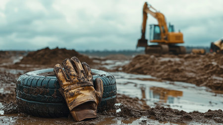A solitary glove sitting on a muddy tire, with construction equipment in the backgroundの素材