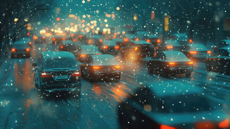 A snowy evening traffic jam, with taillights piercing through the falling snowの素材