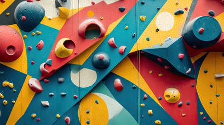 An artistic climbing wall with abstract patterns and holds arranged to form a creative design.の素材