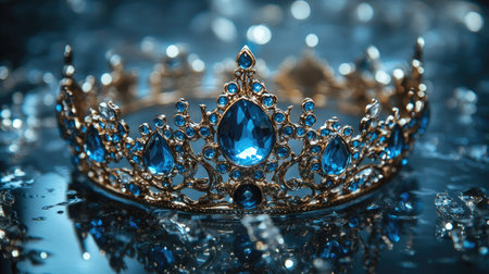 An intricately designed crown with ocean-blue jewels, photographed on a mirrored surface for a dramatic effect.の素材