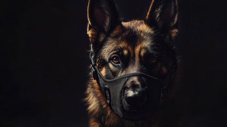 Portrait of a German Shepherd wearing a breathable muzzle, looking focused and alert.の素材