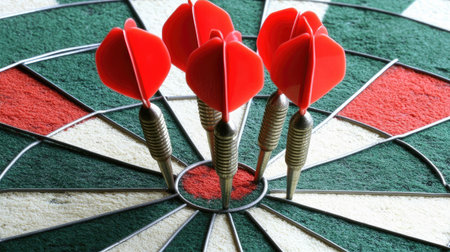 Three darts grouped in the center of a dartboard, representing success through unity.の素材