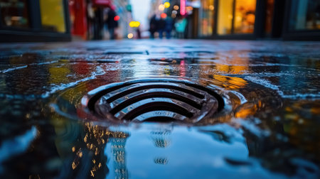 Rainwater rapidly enters a storm drain in a busy commercial area, reflections from nearby shops visible.の素材