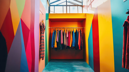 An eclectic wardrobe setup with mismatched hangers hanging in a brightly painted interior.の素材