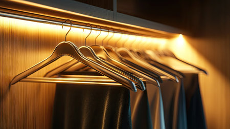 An elegant walk-in wardrobe featuring empty velvet hangers on a chrome rail with soft lighting.の素材