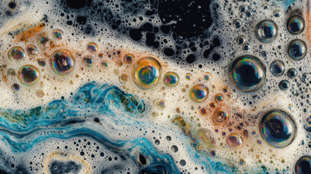 Top view of foamy bubbles on water, capturing the delicate shine and subtle rainbow hues of detergent bubblesの素材
