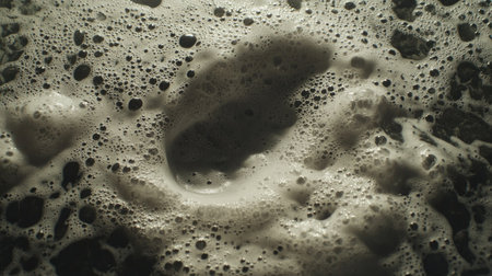 Top-down view of thick detergent foam covering water, with bubbles reflecting light in all directions, creating a shineの素材