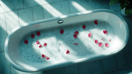 Top view of a foamy bathtub with scattered rose petals, set in a minimalistic bathroom with natural lightingの素材