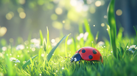 A vibrant red ladybug crawling on a blade of grass in a meadowの素材