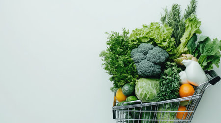 Top view of a grocery cart with a variety of groceries, including leafy greens and dairy, isolated on white.の素材