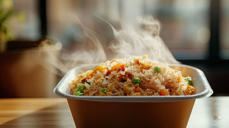 A takeout Styrofoam box with a steaming portion of fried rice and vegetablesの素材